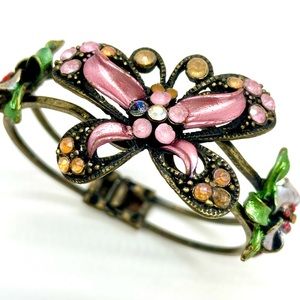 Vintage Butterfly Flower Rhinestone Spring Hinge Bracelet costume jewelry